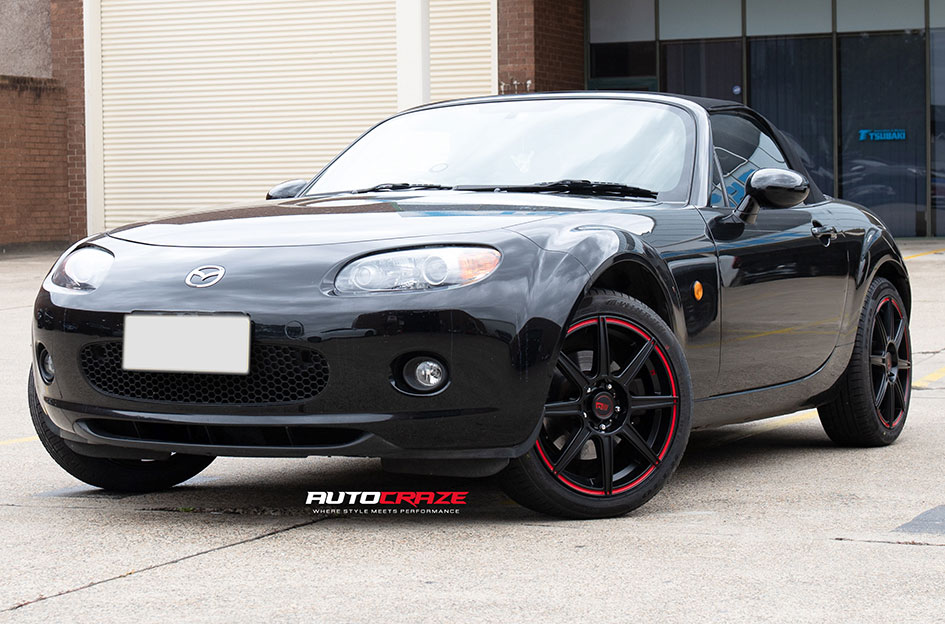 MAXDA MX5 MOTEGI MR142 SATIN BLACK WITH RED STRIPE