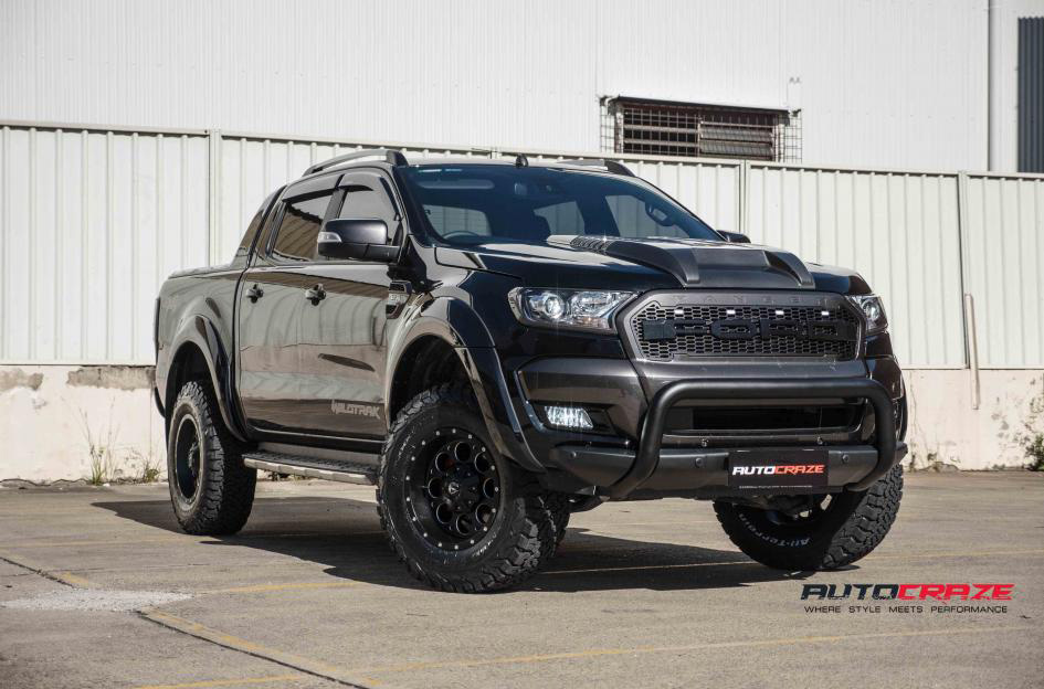 Andrea Revolving Ranger. A black Ford Ranger with 17 inch Fuel Revolver wheels in black milled accents finish. Wrapped with BF Goodrich KO2 tyres. A front shot of the Ford Ranger.