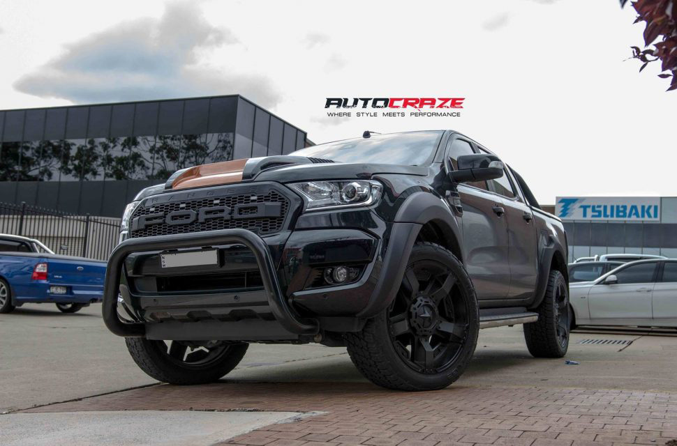 Black Ford Ranger KMC Rockstar XD 2 wheels matte black nitto terra grappler tyres front shot 