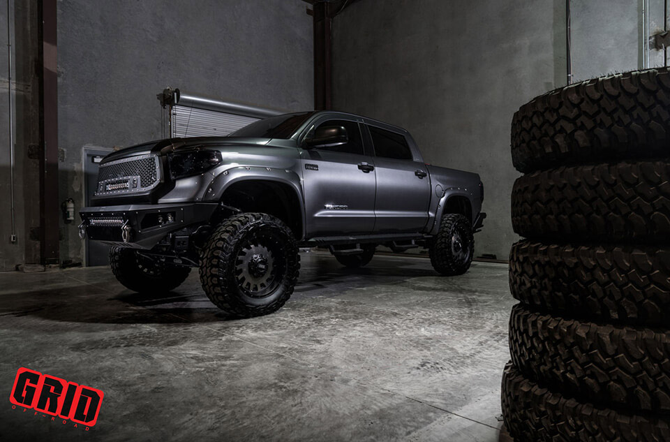 Grey Toyota Tundra Grid GD03 Gloss Black Milled Wheels Front Shot