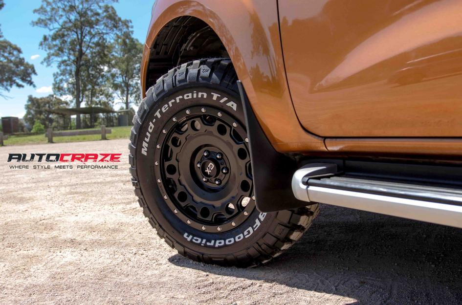 Orange Nissan Navara KMC Holeshot Satin Black Rims Bf Goodrich Tyres rear fitment Shot