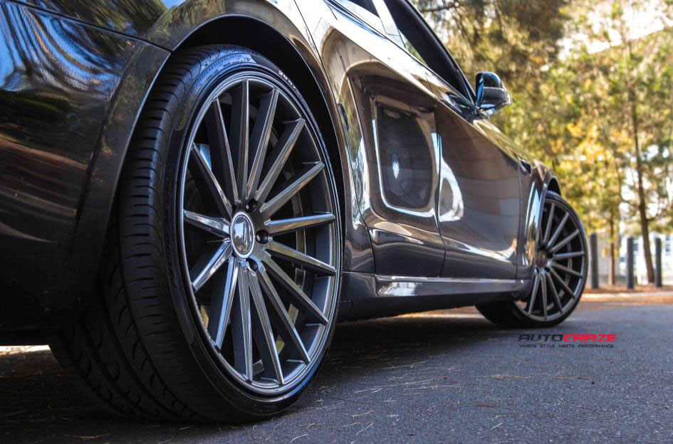 Tesla Model S Vossen VFS2 rims gloss graphite pirelli p zero tyres rear fitment shot