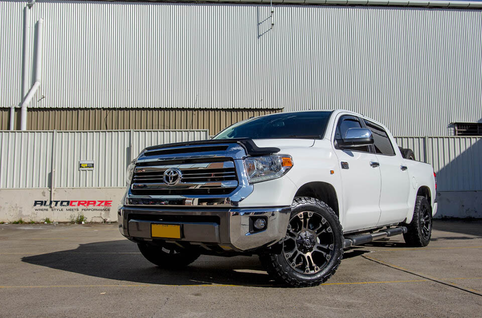 White Toyota Tundra Fuel Vapor Black Machined Dark Tint BF Goodrich All-Terrain Tyres Front Shot
