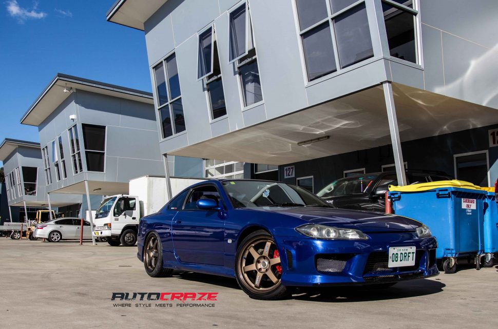 Blue Nissan 200sx S15 Rays TE37 Bronze Wheels front shot
