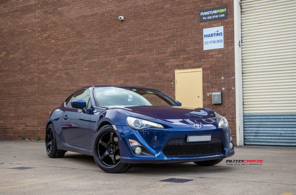 Blue Toyota 86 Rays Gram Light 57CR Gloss Black Wheels front shot