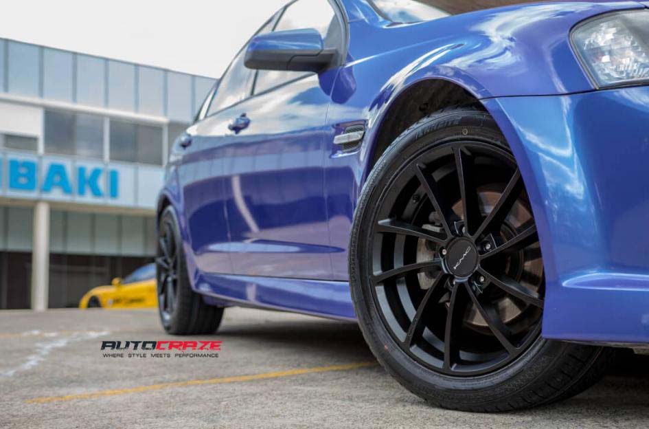 Holden Commodore with KMC wheels and Achilles tyre front wheel close up shot february 2018