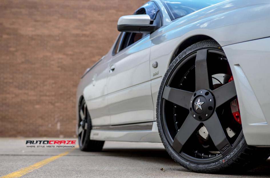 Holden Commodore with KMC wheels and Michellin tyre front wheel close up shot february 2018