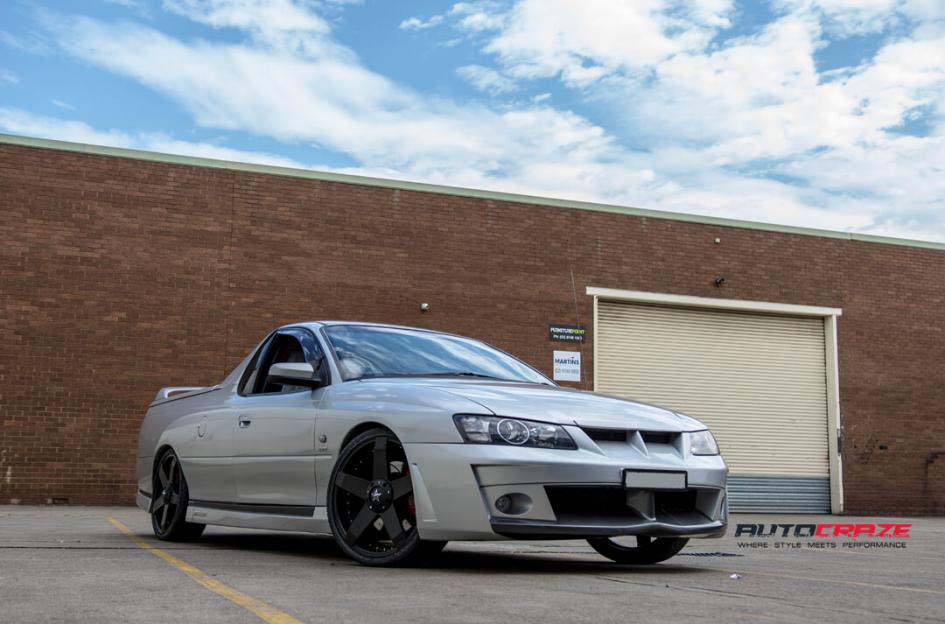 Holden Commodore with KMC wheels and Michellin tyre front wide angle shot february 2018