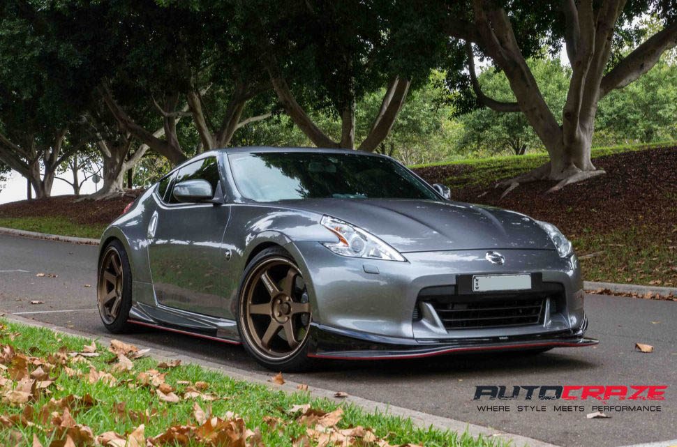 Silver Nissan 370z Rays TE37 Ultra Bronze wheels front shot