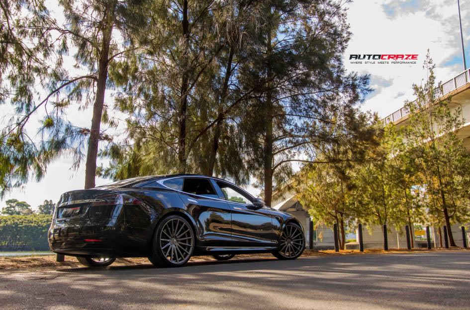 Tesla Model S Vossen VFS2 rims gloss graphite pirelli p zero tyres rear shot