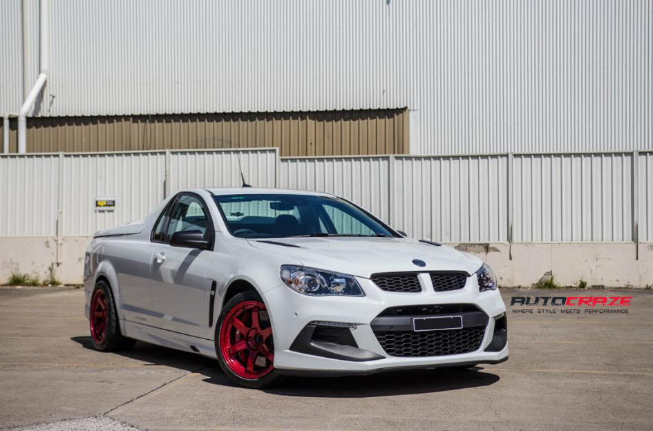 White Holden HSV Maloo Rays TE37SL Hyper Red wheels Nitto tyres front shot