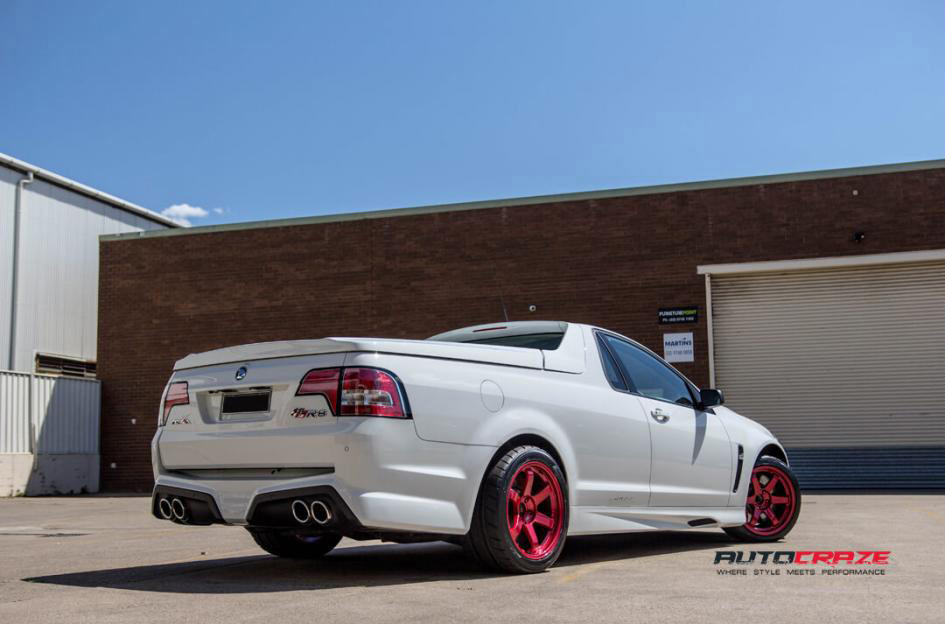 White Holden HSV Maloo Rays TE37SL Hyper Red wheels Nitto tyres rear shot