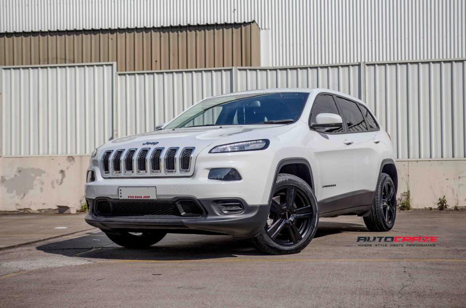 White Jeep Cherokee Speedy Liberator Satin Black Wheels Front Shot