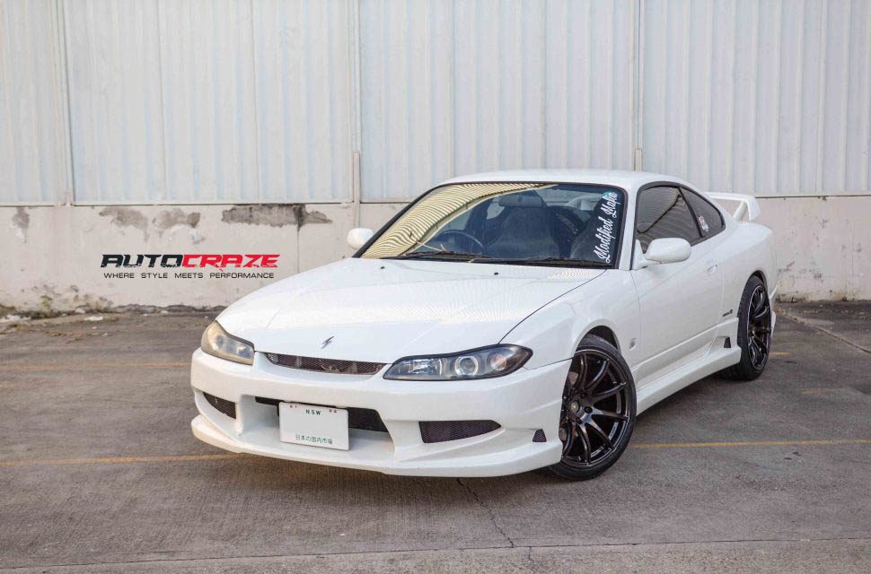 White Nissan 200SX S15 Rays Gram Light 57 wheels front shot