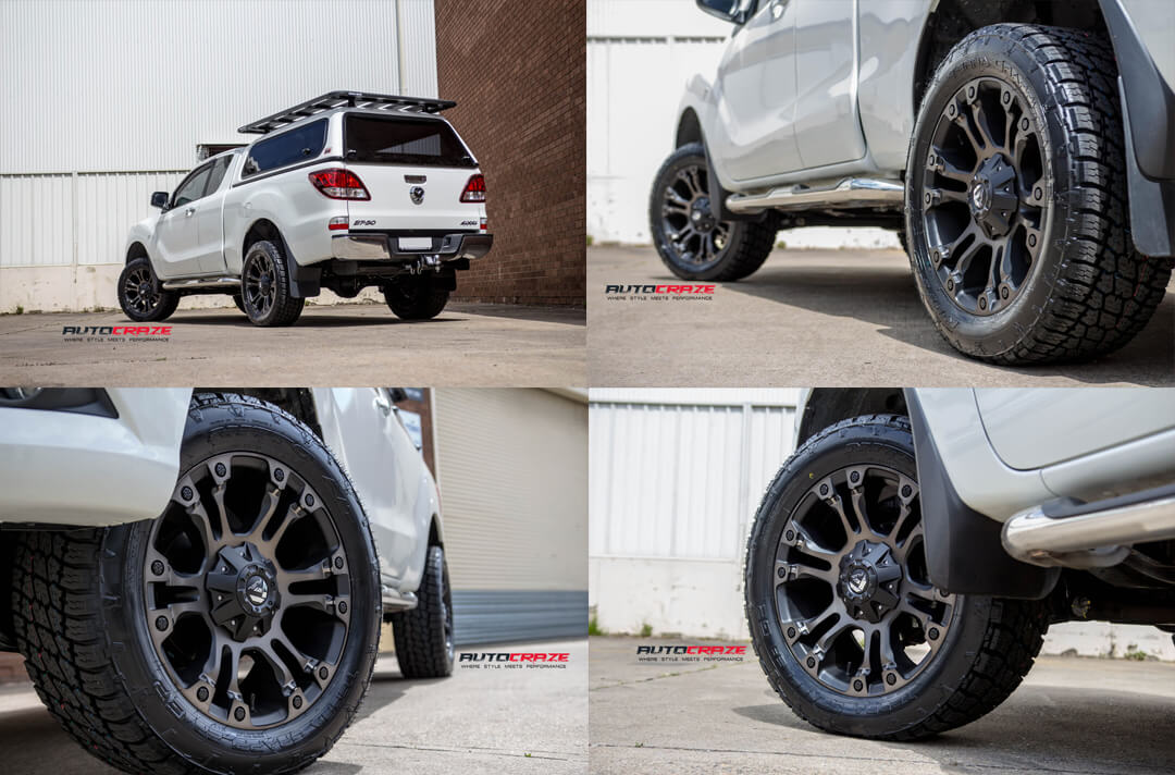 White Mazda BT50 Fuel Vapor Black Machined with Dark Tint Wheels Front Multiple angle shot