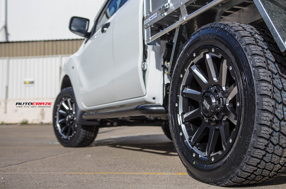 White Mazda BT50 Grid GD05 Matte Black Milled Wheels Closeup Rear Shot