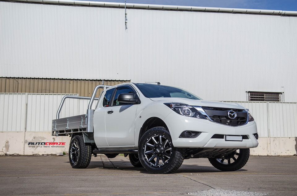 White Mazda BT50 Grid GD05 Matte Black Milled Wheels Front Shot. Photo was taken at AutoCraze 5/95-99 Silverwater Rd NSW 2128.