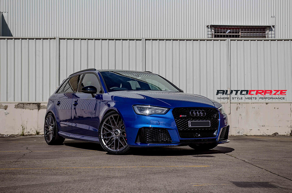 Blue Audi RS3 Rotiform RSE Matte Gun Metal Wheels Front Shot
