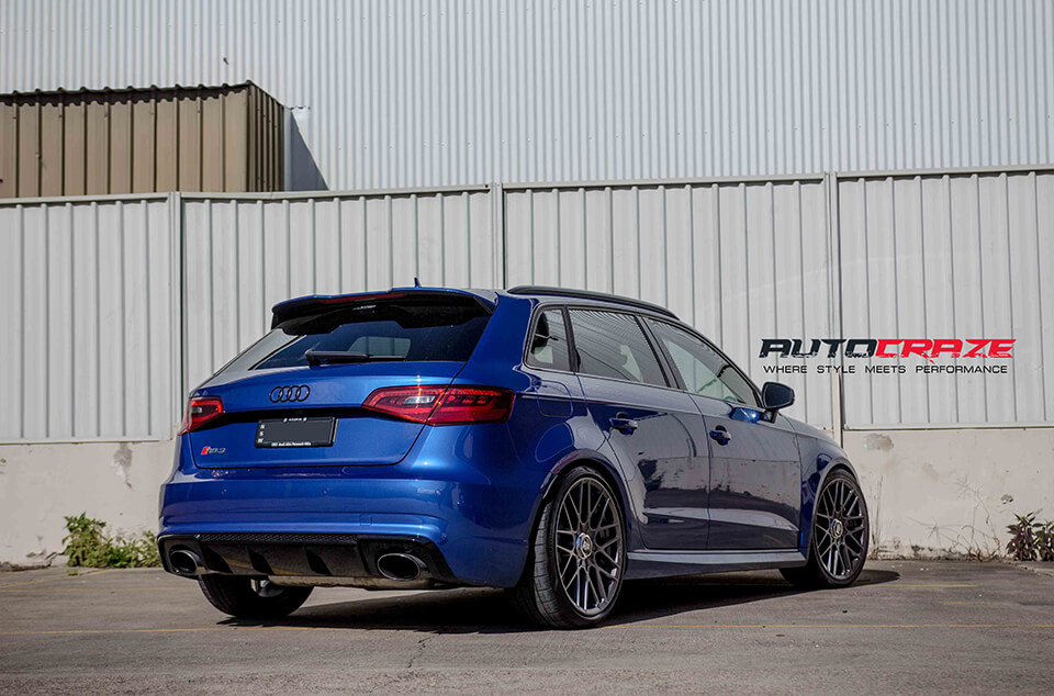 Blue Audi RS3 Rotiform RSE Matte Gun Metal Wheels Rear Shot