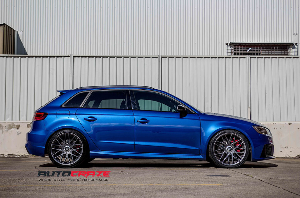 Blue Audi RS3 Rotiform RSE Matte Gun Metal Wheels Side Shot