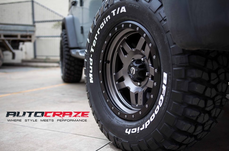Grey Jeep Wrangler Fuel Anza Matte Black Dark Tint Wheels BF Goodrich All Terrain Tyres Closeup Shot