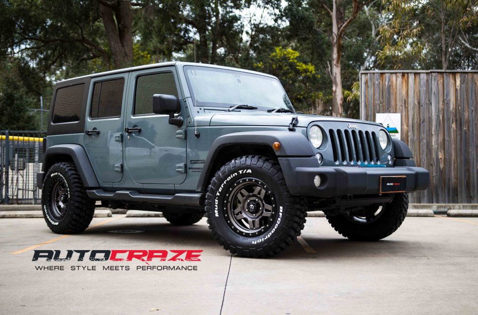 Grey Jeep Wrangler Fuel Anza Matte Black Dark Tint Wheels BF Goodrich All Terrain Tyres Front Shot