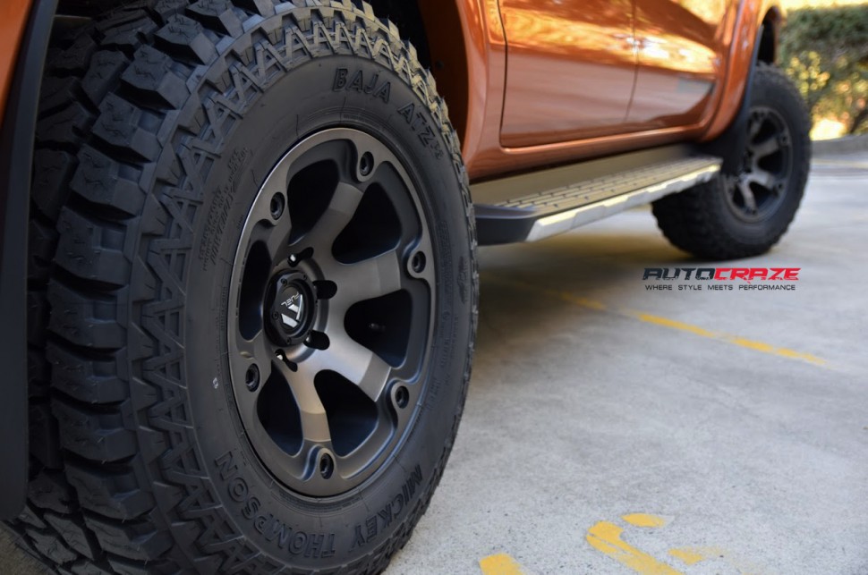 Orange Ford Ranger Fuel Beast Black Machined Dark Tint Nitto Terra Grappler All Terrain Tyres Closeup Rear Shot