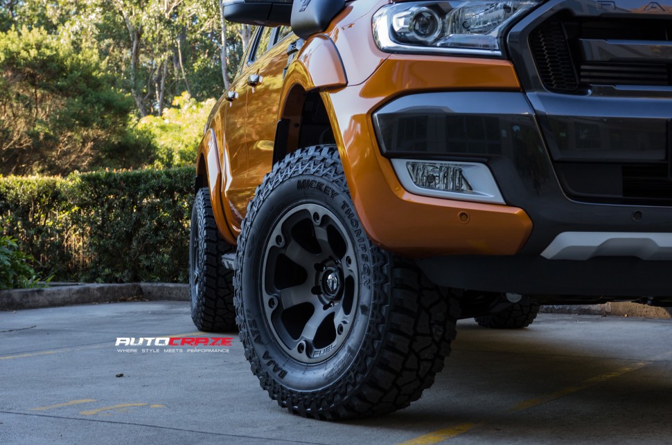 Orange Ford Ranger Fuel Beast Black Machined Dark Tint Nitto Terra Grappler All Terrain Tyres Closeup Shot