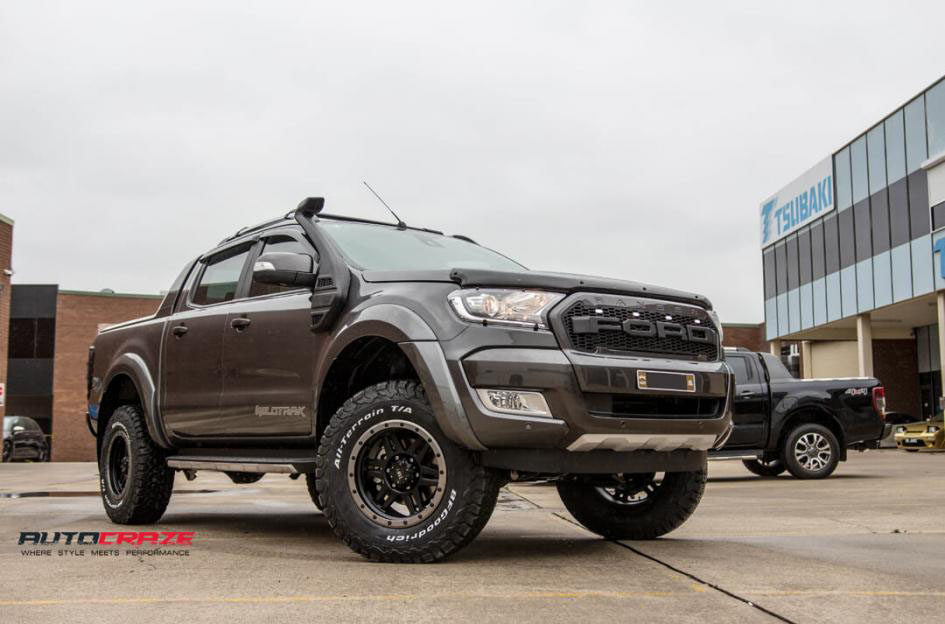 Grey Ford Ranger Tuff T16 Satin Black Machined Lip wheels BF Goodrich tyres front shot