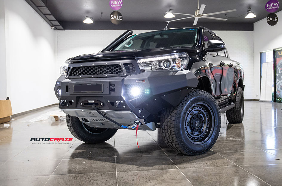 Toyota Hilux Black Rhino Armory Wheels Toyo Tyres 4x4 Accessories Front Close Shot Gallery Oct 2018