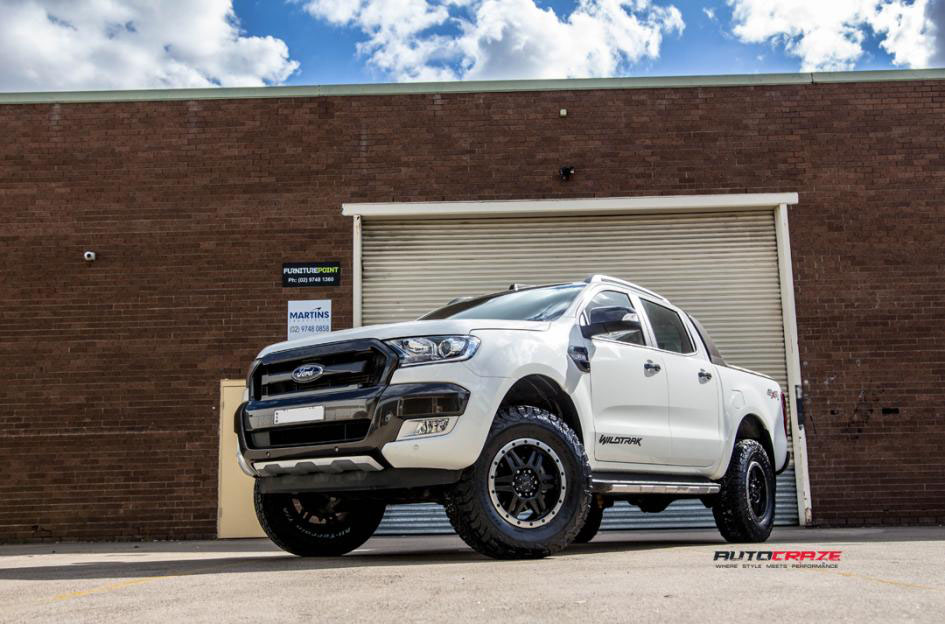 White Ford Ranger T16 Satin Black Machined Lip wheels Bf goodrich tyres front shot