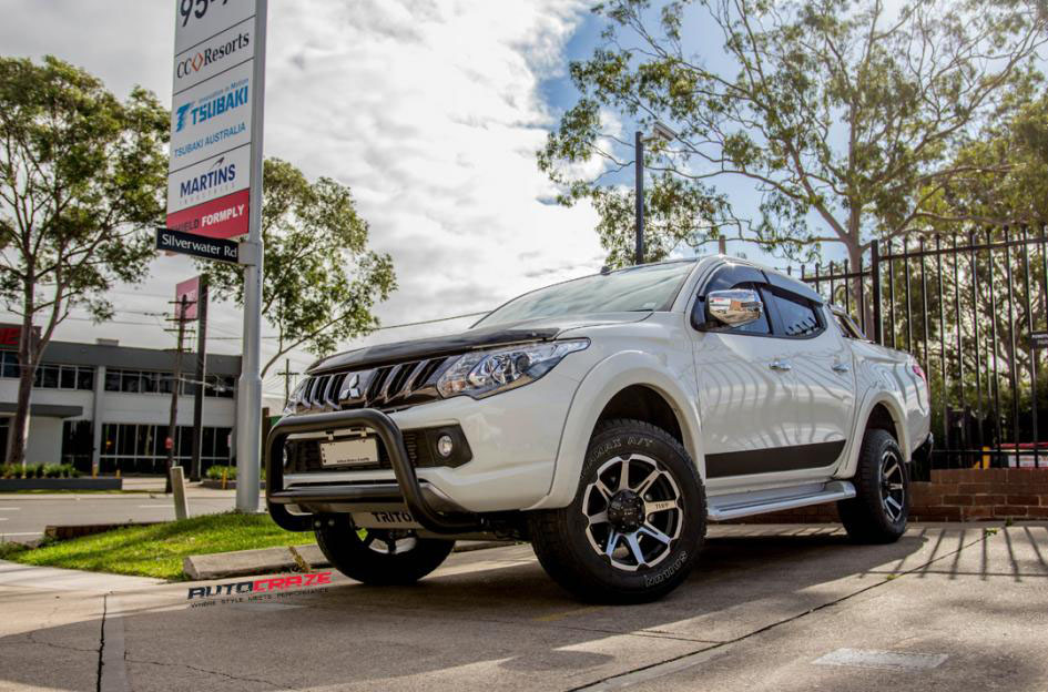 White Mitsubishi Triton Tuff T05 Satin Black Machined Face wheels front shot