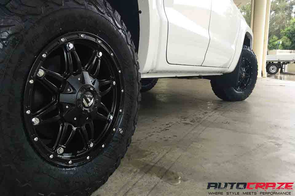 white toyota land cruiser with fuel hostage wheels and bf goodrich tyre close up tyre shot january 2018