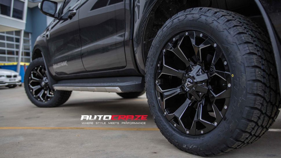 BLACK FORD RANGER FUEL ASSAULT GLOSS BLACK WHEELS REAR CLOSEUP SHOT