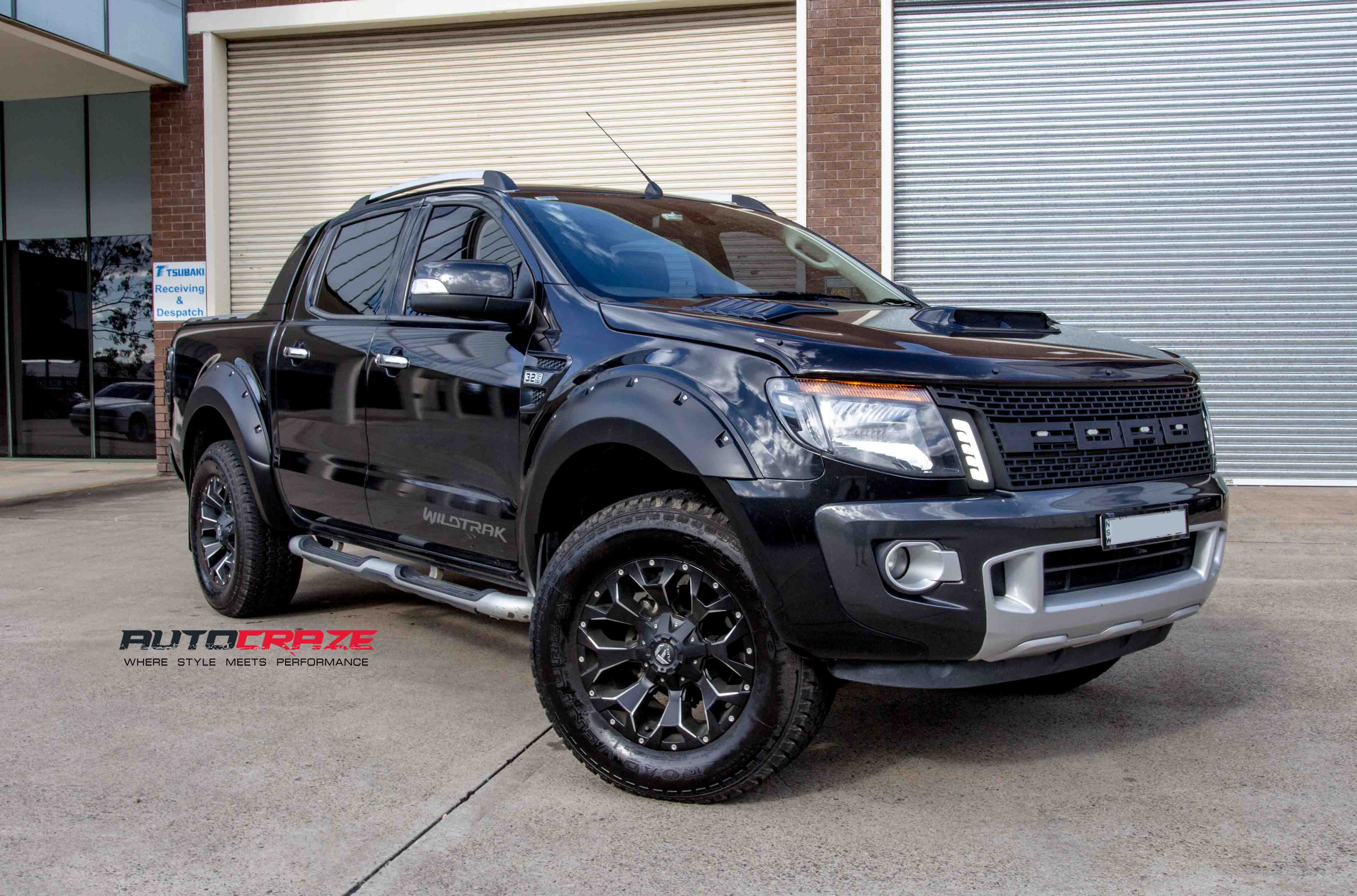 BLUE FORD RANGER FUEL ASSAULT GLOSS BLACK WHEELS FRONT SHOT