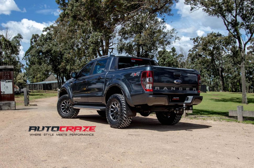 Dark Blue Ford Ranger GD05 Gloss Black Machined Wheels Rear Shot Far