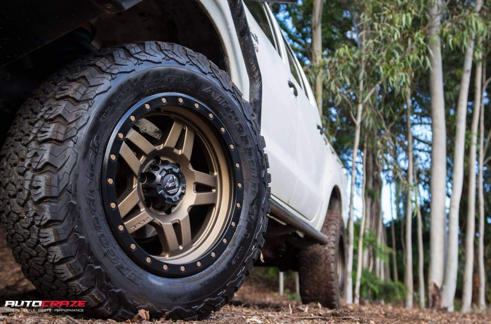 White Toyota Hilux Fuel Anza Wheels BF Goodrich Afterpay Tyres front fitment shot
