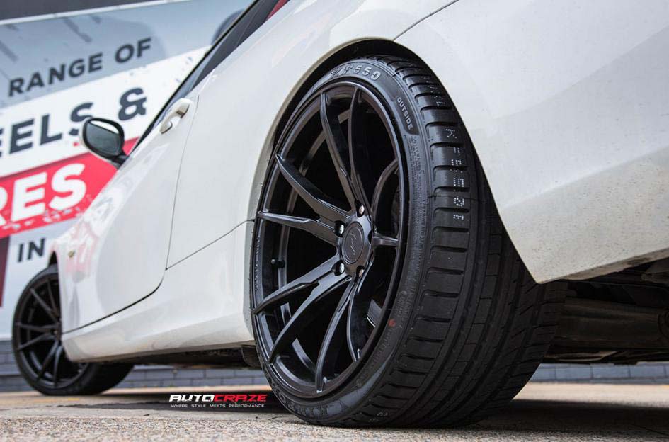 BMW 3 series with koya sf06 wheels and kinforest tyre rear wheel close up shot february 2018