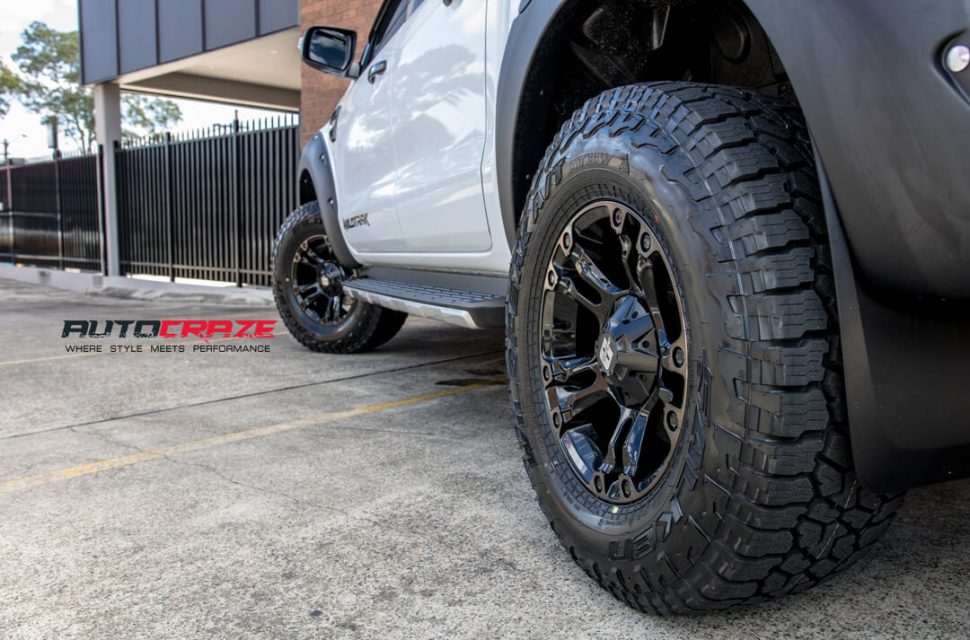 Ford Ranger Diesel Brooklyn Wheels Falken Tyres Nudge Bar, Bonnet Protector, Flares, Light Covers Rear Fitment Close Up Shot Gallery March 2018