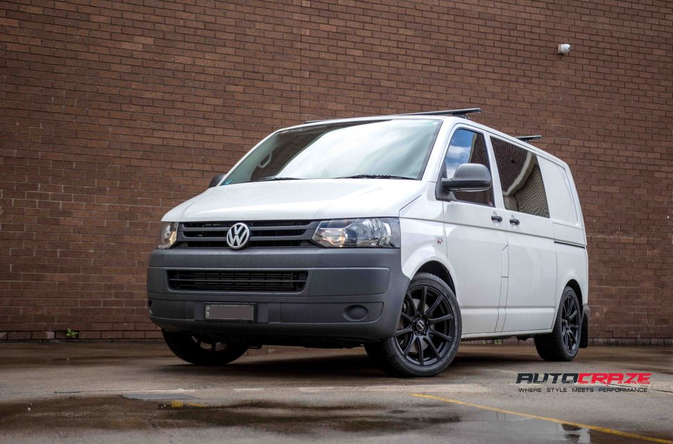 VW Transporter with Speedy Carbine wheels and Kinforest tyre front wide angle shot april 2018