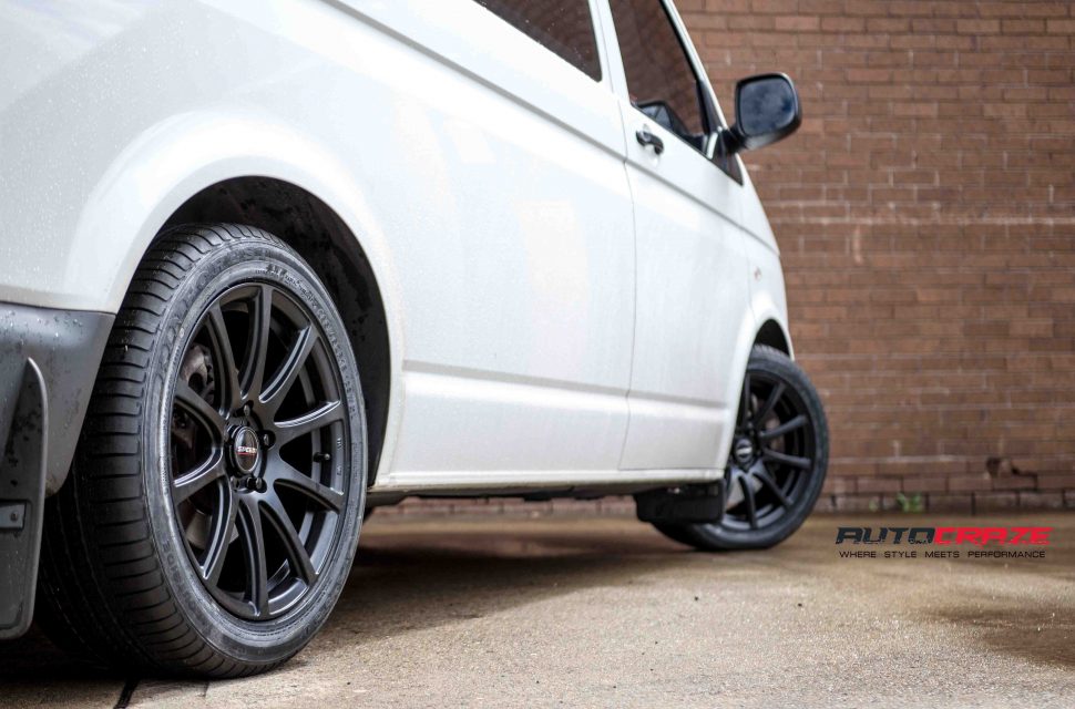 VW Transporter with Speedy Carbine wheels and Kinforest tyre rear wheel close up shot april 2018
