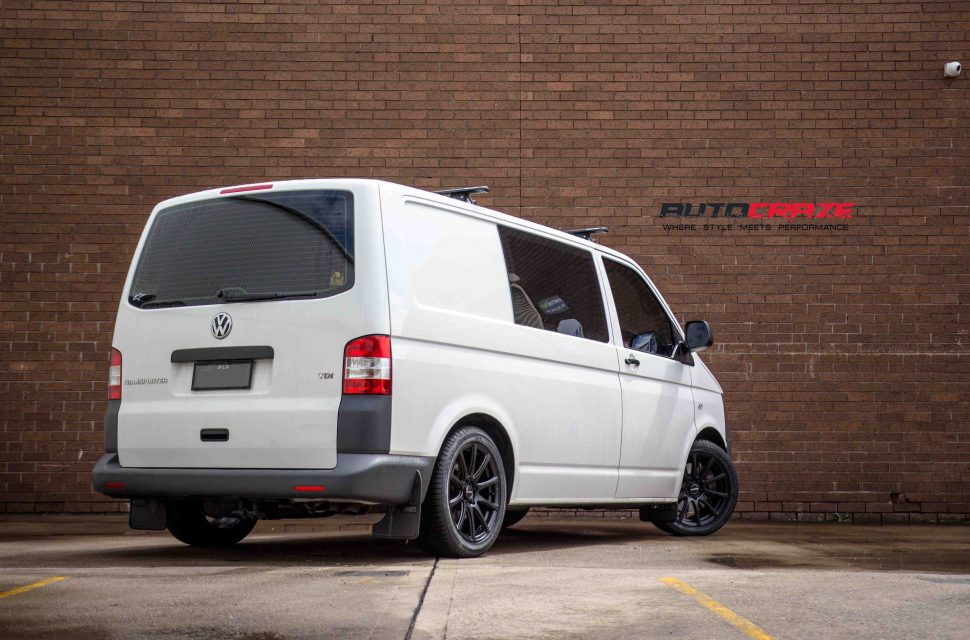 VW Transporter with Speedy Carbine wheels and Kinforest tyre rear wide angle shot april 2018