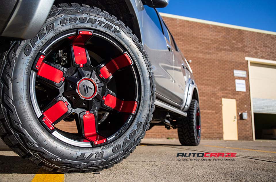 Nissan Navara Asanti AB811 Custom Red Wheels Toyo Tyres Front Fitment Close Up Shot Gallery July 2018