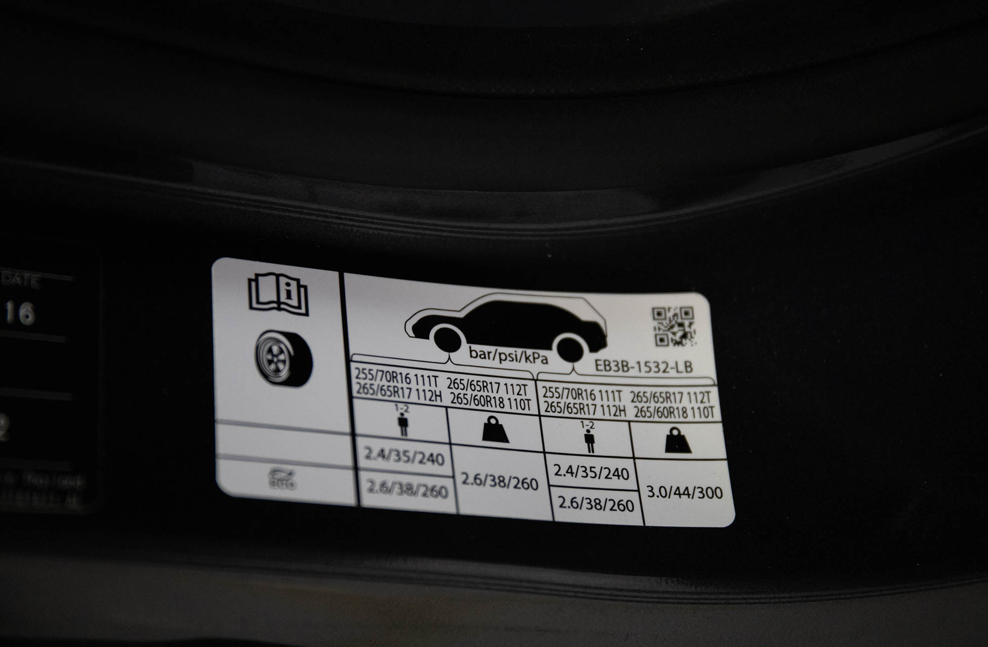 Tyre Pressure chart on the Ford Ranger Door Sill.