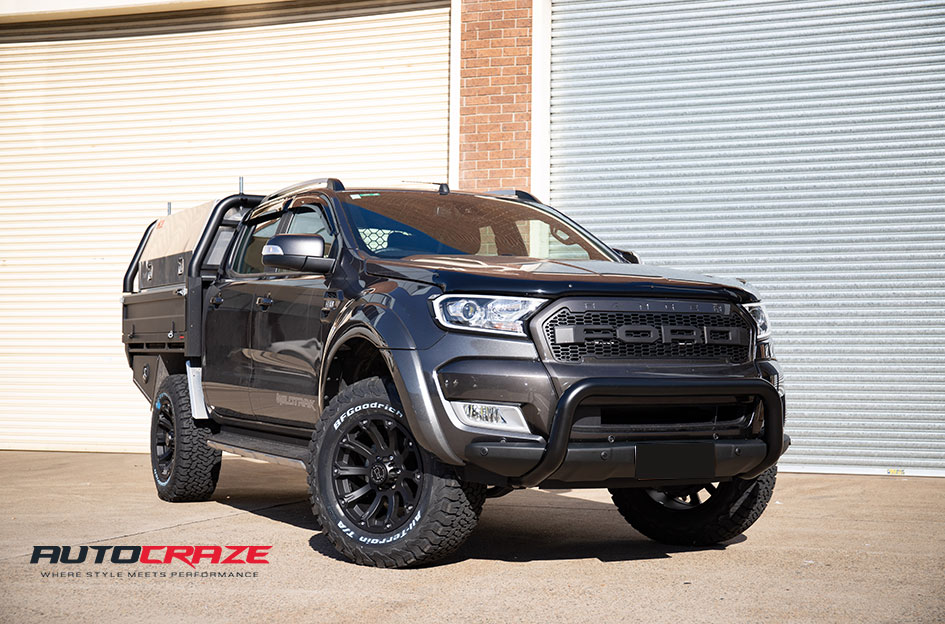 Black Wildtrack BF GoodRichTyres Black Rhino Highland Wheels Nudge Bar Front Accessories Fitment Up Shot
