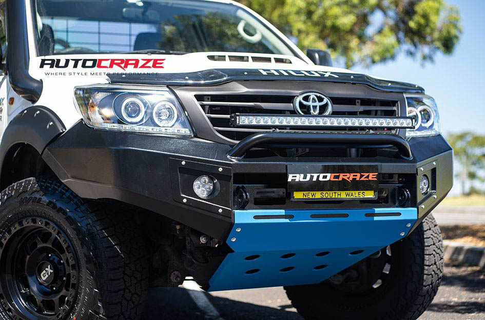 Toyota Hilux KMC XD132 RG2 Satin Black Wheels AC Snorkel Ac Lift Kit Slx Bar Bash Plate Front Accessories Close Up Shot Gallery Feb 2019 Bonnet Protector